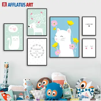 AFFLATUS Cat Cerb Flori Nordic Poster Canvas Tablou de Perete de Arta Canvas Printuri de Animale Perete Imagine Stil Nordic Copii Decor
