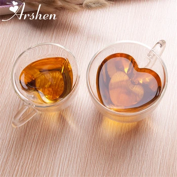 Arshen 240/180 ml cu Perete Dublu Ceașcă de Ceai rezistent la Căldură Creative în formă de Inimă cu Geam Dublu Cana de Ceai, Cani Suc de Lapte Cani de Cafea Cadou