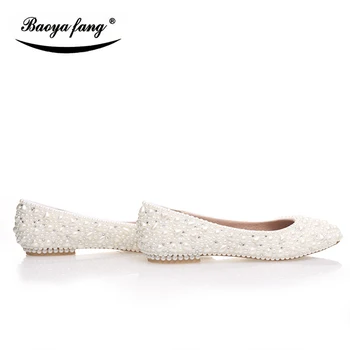 BaoYaFang Alb perla de Cristal femei pantofi de nunta Plat de dimensiuni mari, de sex feminin pantofi branț de piele femei pantofi de Mireasa pantofi de partid