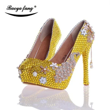 BaoYaFang New sosire cristal Galben Păun pantofi de nunta femei tocuri inalte pantofi platforma Laidies Înaltă Pompe de sex feminin pantofi
