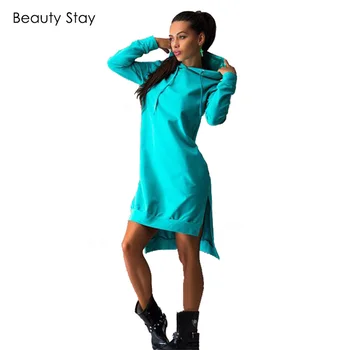 BeautyStay 2017 Primavara Cu Gluga Casual Pentru Femei Rochie Din Bumbac O Gatului Maneca Lunga Petrecere Pulover Moda Plus Dimensiune Fata De Agrement Bluze