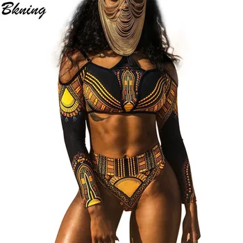 Bkning Plus Dimensiune Bikini Din Africa De Costume De Baie Costume De Baie Căpăstru Talie Mare De Costume De Baie Cu Maneci Lungi Monokini Pe Umăr Costum De Baie