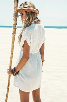 Boeme Rochie Alb Scurt Maneca V Gat Cu Dantela Beachwear 41510 Sexy Stil Plajă de protecție solară vacanta Femei Beachwear