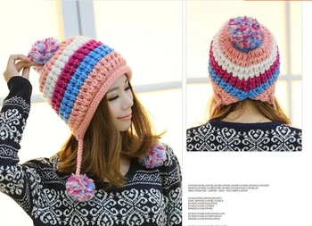 BomHCS Coreea Drăguț Toamna Iarna Cald Mozaic De Culoare Pălărie Tricotate Ear Muff Handmade Femei Beanie Cap