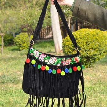Cel mai bun de vânzare Etnice Catifea brodat ciucure pentru femei genti Vintage handmade multicolor pompon de călătorie umăr saci de messenger