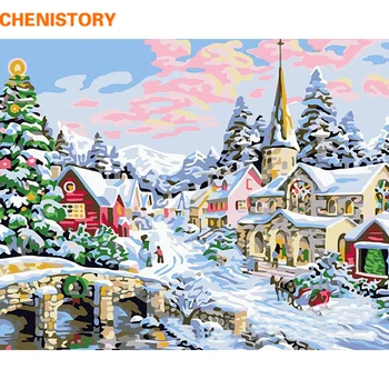 CHENISTORY Zăpadă Peisaj DIY Pictura De Numere Truse de Pictura in Ulei Pe Panza, Arta de Perete Poza Cadou Unic Pentru Decorarea Camerei