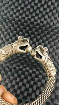 China a vechi argint Tibetan Sculptate două capete Dragon de Argint Brățară