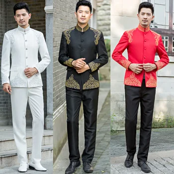 Chineză tunica costum de performanță de sex masculin purta set mire stil chinezesc formale costum de Afaceri Tradiționale Mandarin Costum Sacou+Pantaloni