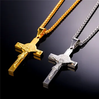 Collare INRI Crucifix Cross Pingente din Oțel Inoxidabil de Culoare de Aur Pandantiv en-Gros de Cruce Cu Sfântul Benedict Medalie Colier P277