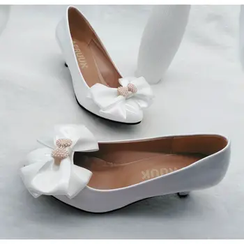 Cu toc mediu fluture alb-nod nunta pantofi mireasa plus dimensiune rotund toe manual doamna satin alb, papion, pantofi de mireasa