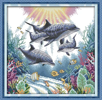 Delfin, pește de mare animal home decor pictura numărat imprimate pe tesatura DMC 14CT 11CT Cruce Cusatura de lucru Manual kituri de Broderie Seturi