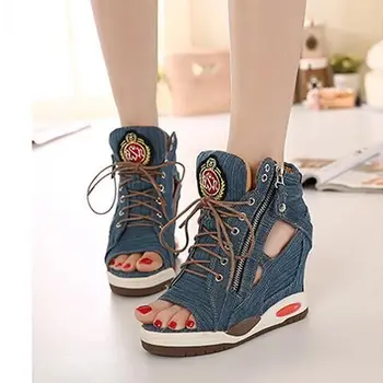Denim Pânză Gladiator Sandale pentru Femei 2018 Fermoar Lateral Peep Toe Moda de Vara cu Toc Pene de sex Feminin Pantofi Glezna Zapatos Mujer