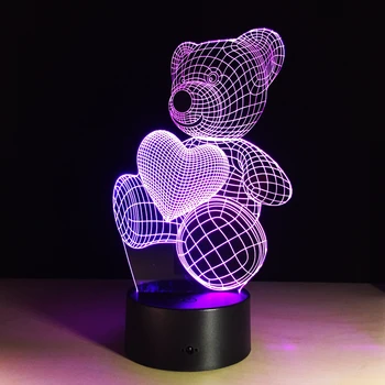 Desene animate Drăguț Urs Inima Forma Lampa LED 3D Copilul Lumina de Noapte pentru Copii de Dormit Iluminat în 7 Culori Schimbare Birou de Masă USB Lumina
