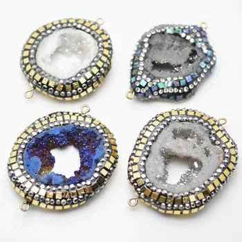 Design Nou Pavate Strălucitoare De Cristal Două Bucle De Formă Neregulată Druzy Geode Felie De Bijuterii Conectori Colier Pandantiv