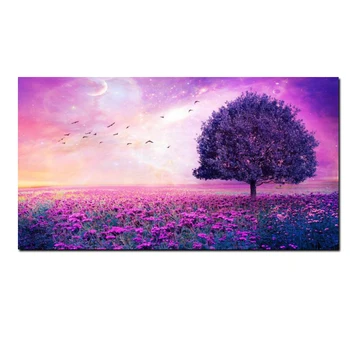Dimensiune mare Copac de pe Violet Flower Sea Creative Panza Pictura Pasăre Cer pe Panza Peisaj de Arta de Perete Tablou Living Decor Acasă