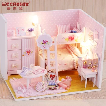 DIY Casa Papusa in Miniatura Dormitor casă de Păpuși, cu Capac de Praf Mobila Fata de Păpuși Jucarii pentru Copii cel Mai bun Fata Cadou
