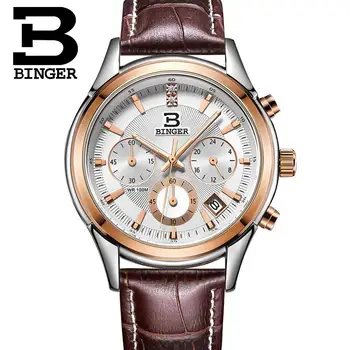 Elveția BINGER bărbați ceas de lux de brand, Quartz rezistent la apa curea din piele auto Data, Cronograf Ceasuri de mana BG6019-M3