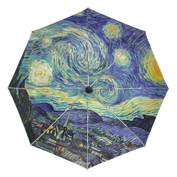 Exterior Negru Acoperire Umbrela opera de Arta Pictura de Van Gogh, Noapte Înstelată Umbrele UV Anti Umbrelă de soare 3 pliere Automata Bărbați Umbrela