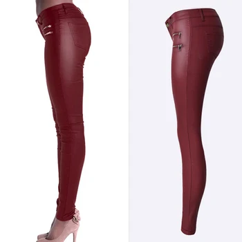 Femei Blugi Skinny Sexy Talie Joasa Vin Roșu Stretch jeans Faux din Piele PU Subțire de Creion Pantaloni