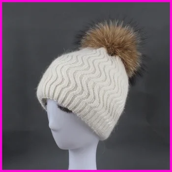 Femei iarna tricotate pălării de blană de Iepure wool Beanie femeie blană de nurcă Blană de Raton pompom pălării pentru femei căciuli