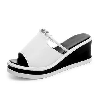 Femei Papuci de casa Sandale Tocuri Pene Platforma Peep toe din Piele Cristal Elegant, Feminin Sandale Doamnelor Catâri saboți Pantofi de Vara JDD44