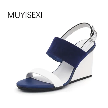 Femei Sandale 2018 piele naturala de Culoare Mixt Vara Bază Sandale Pantofi pentru Femei Albastru Apricot Argintiu HL27 MUYISEXI