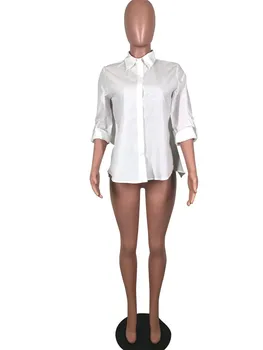 Femei Tricou Alb 2017 Toamna Rândul său, în Jos Guler Roll up Sleeve Papion Moda Înapoi Butonul de sus Tricou Femei de Munca Bluze Topuri