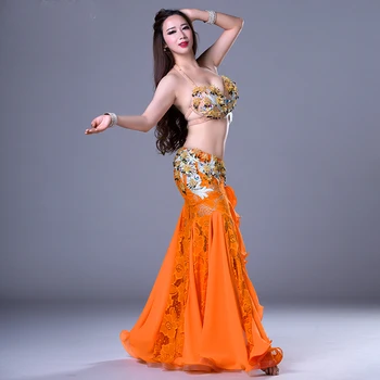 Femeie Belly Dance Costum Bra &Lace coadă de pește fusta Lunga de Performanță Poarte Fusta Bellydance Haine Est Stil de Costum