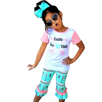 Fete Stabilită de Îmbrăcăminte de tip Boutique 2017 Vara Săgeată Inima Tricouri+Pantaloni+Bow Headband 3pcs Haine de Fata Scrisoare de Copii, Seturi de Haine pentru Copii