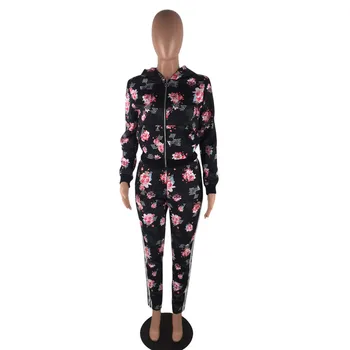 Gluga Trening Femei Spring Leisure Suit Maneca Lunga Imprimeu Floral Fermoar Jacheta Haina + Pantalon Două Seturi De Piese De Costume De Trening Femei