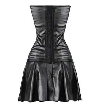 Gotic negru faux din piele cu fermoar rochie corset steampunk brâu bustiera clubwear haine cu fusta mini+lanturi