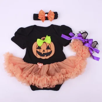 Halloween pentru Copii Fata de Îmbrăcăminte Seturi de Dovleac Romper Rochie Jumpersuit+Bentita+Pantofi 3pcs Costum Bebe Copil Festivalul de Costume
