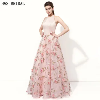 H&S de Mireasa O-linie Roz rochii de seara formale rochii cu Spatele gol Material Imprimat Cu flori 3D rochii de seara lungi 2017