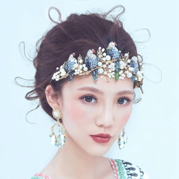 High-End Stil European Formă De Pasăre Mirese HairBand Coroana Diademe Blue Pearl Cristal De Mireasa Benzi De Păr De Nunta Accessoies