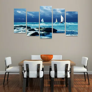 Imagini HD Tipărite Tablou de Perete de Arta Canvas 5 Panoul de Naviga Alb Barci Pe Ocean Albastru Picturi Moderne Home Decor Modular Postere