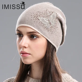 IMISSU de Iarna pentru Femei Pălării Tricotate Real Lână Chelioși Casual Cap Căciulă cu Fluture Model Solid Gorros Capota Femme