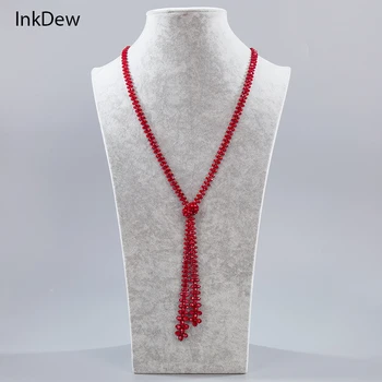 INKDEW Fir Margele Rosii Manual de Filetat Cristal Colier Lung cu Nod Cravata Lanț Pulover pentru Femei Cadou 52cm Mult