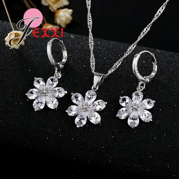 JEXXI Mare Vânzările de Bijuterii de Nunta Set Argint Culoare Zăpadă Floare de Cristal Pandantiv Colier Cercei Set pentru Femei Fete