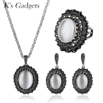 K Gadget-uri Ovale Naturale Piatra Opal Bijuterii Seturi de Antichități Argint Culoare Negru de zircon Pandantiv/Cercei/Inel de Nunta Set