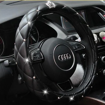 KKYSYELVA 38CM Femei volan masina acoperire Diamant din piele PU Neagra Auto volan Huse Accesorii de Interior