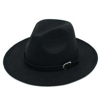 LUCKYLIANJI Culoare Solidă Bărbați Femei Lână Simțit Panama Pălărie Fedora Capace Bandă de Piele (Una Dimensiuni:58cm-NE 7 1/4)