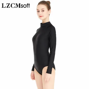 LZCMsoft Fete Lycra Neagra Tricouri cu Mâneci Lungi Guler de Dans Balet Tricouri pentru Femei-O Bucată Spandex Costume de Dans