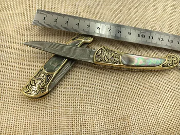 Manual de oțel Damasc lama briceag de Buzunar Alamă Galbenă +Black pearl Mâner de cuțit de utilitate gravori alama