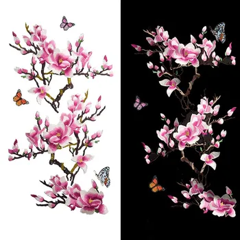 Mare Magnolia Broderie Flori Mari Patch-Uri Aplicatiile Coase Pe Pânză Rochie Decor Stick Accesoriu Roz/Bej Dantela FabricA385