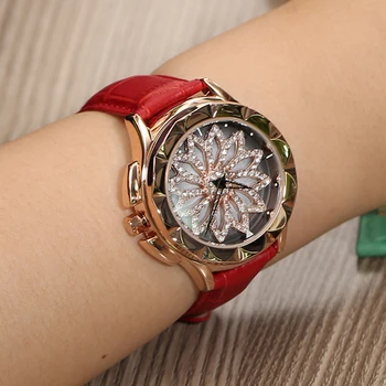 Merlot fashion din Piele femei ceasuri de 360 de grade de Rotație cadran de cristal diamant, cuarț ceas stras reloj mujer