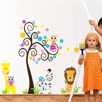 Moda Bufnita Leu Copac Animal De Vinil Autocolante De Perete Pentru Copii Camere De Copii Decor Acasă Hârtie De Perete Decal Deco Art Autocolant