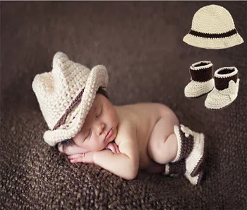 Moda Culoare Bej baietel de Vest Pălărie de Cowboy&Papuceii Set pentru Sugari Baby shower Cadou Nou-nascut Recuzită Fotografie Croșetat MZS-15066