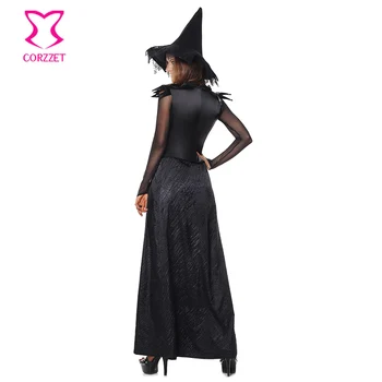 Mâneci lungi Negru Vrăjitoare de Magie Gotic Rochie Fancy Cosplay Costum de Vrăjitoare Deguisement Sexy Adulte Costume de Halloween pentru Femei