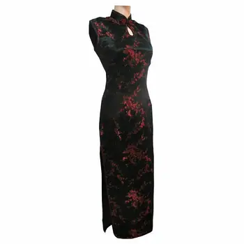 Negru-Rosu Rochie Tradițională Chineză Femei din Satin Lung Halter Cheongsam Qipao Mujere Vestido de Flori Marimea S M L XL XXL XXXL J3035