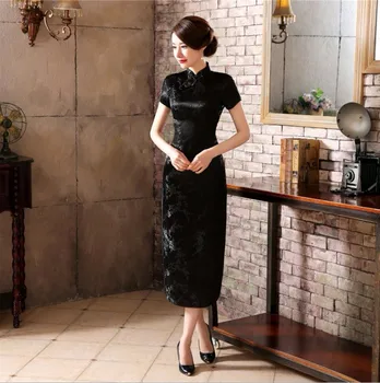 Negru Satin rosu Qipao Vara Lady stil Tradițional Chinezesc Cheongsam Rochii Femei pe Scurt Mânecă Lungă Qipao rochie Marimea S-XXL